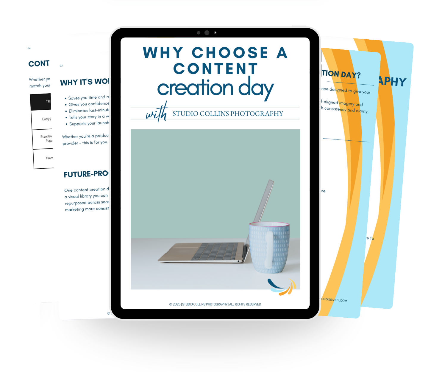 Promotional flyer for content creation day hosted by Studio Collins Photography, featuring a laptop and a mug on a white desk with a pastel green background.