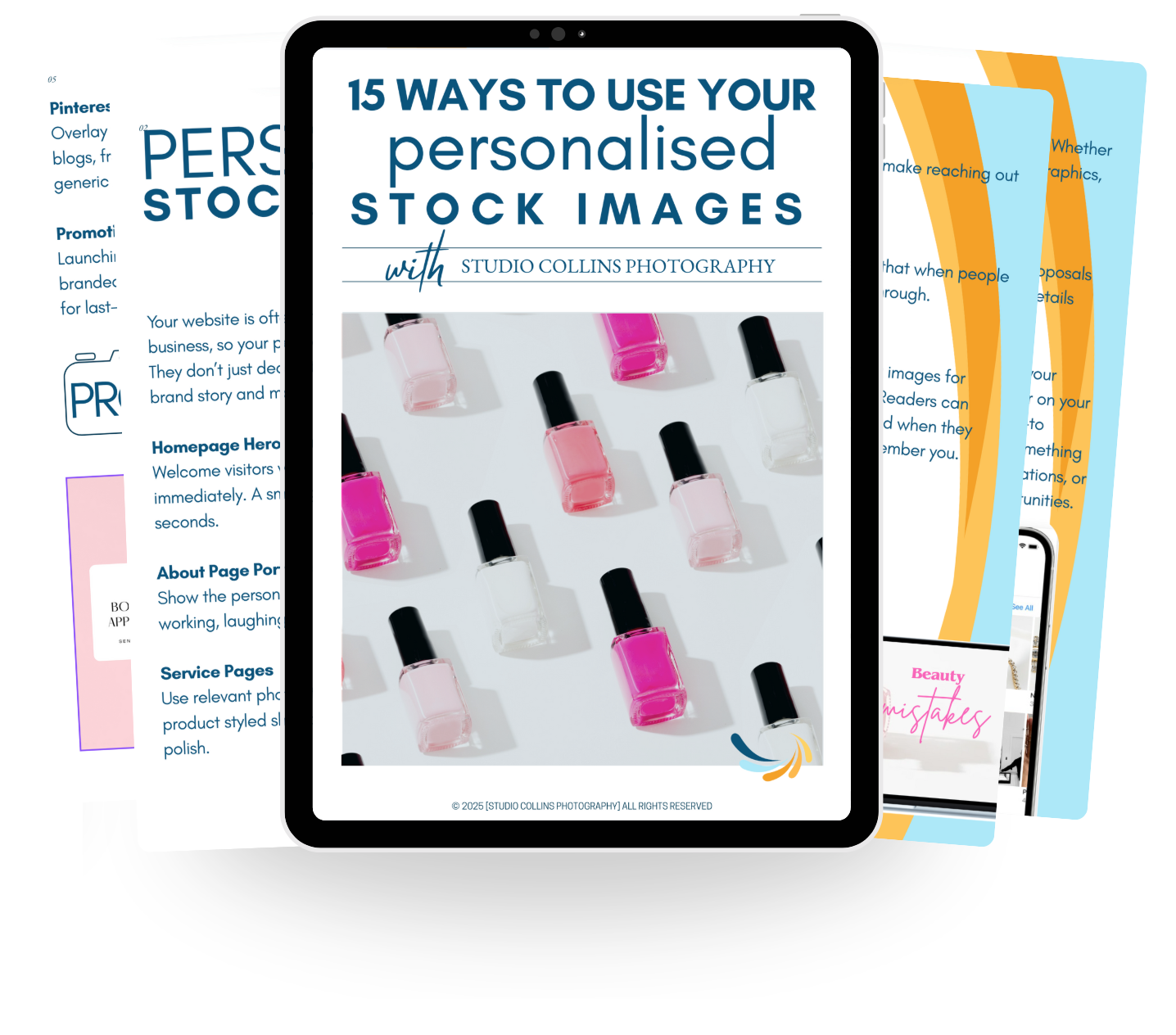 Book cover titled '15 Ways to Use Your Personalised Stock Images' with a display of pink and white nail polish bottles, and overlapping pages with colorful text and graphics.