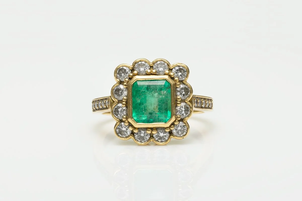 Emerald and diamond ring, product photography, Studio Collins Photography