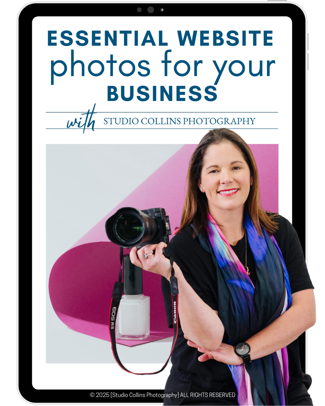Cover of a guide titled 'Essential Website Photos for Your Business' with a woman smiling and holding a camera, standing in front of a colorful background.