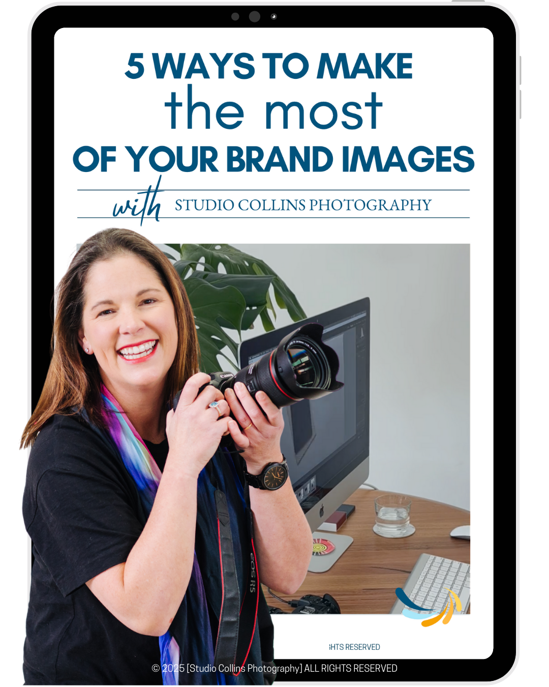 A digital poster titled '5 Ways to Make the Most of Your Brand Images' by Studio Collins Photography, featuring a smiling woman holding a professional camera in an office setting.