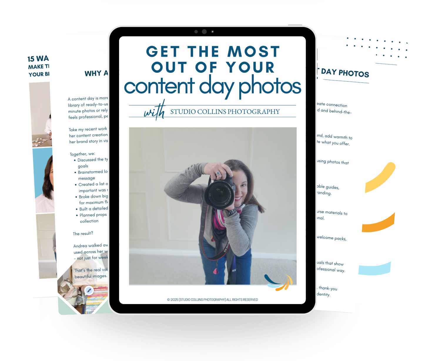 A flyer or digital document titled 'Get the Most Out of Your Content Day Photos' with a photo of a woman taking a selfie with a camera, smiling, and wearing a gray hoodie, pink scarf, and jeans. The background includes additional pages with text and images, partially visible behind the main document.