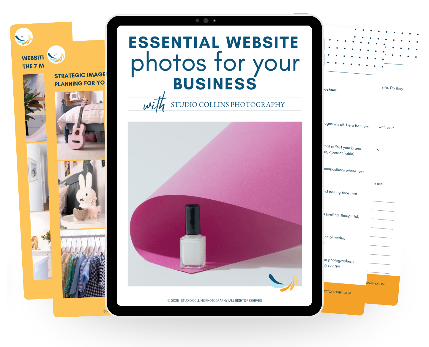 A digital mockup of a brochure or presentation titled 'Essential Website Photos for Your Business' by Studio Collins Photography, featuring a white nail polish bottle on a pink and gray background.