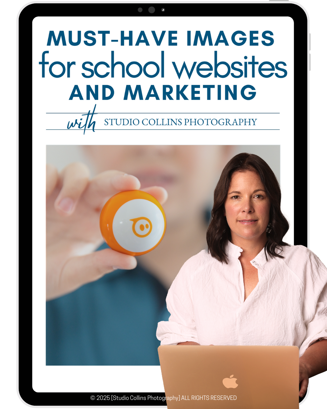 Cover of a guide titled 'Must-Have Images for School Websites and Marketing' by Studio Collins Photography, featuring a woman in front of a laptop and a blurred background of a person holding an orange and white object with the Bilibili logo.