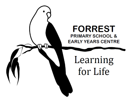 Logo for Forrest Primary School & Early Years Centre featuring a simple black and white illustration of a bird perched on a branch with text indicating the school's name and motto.