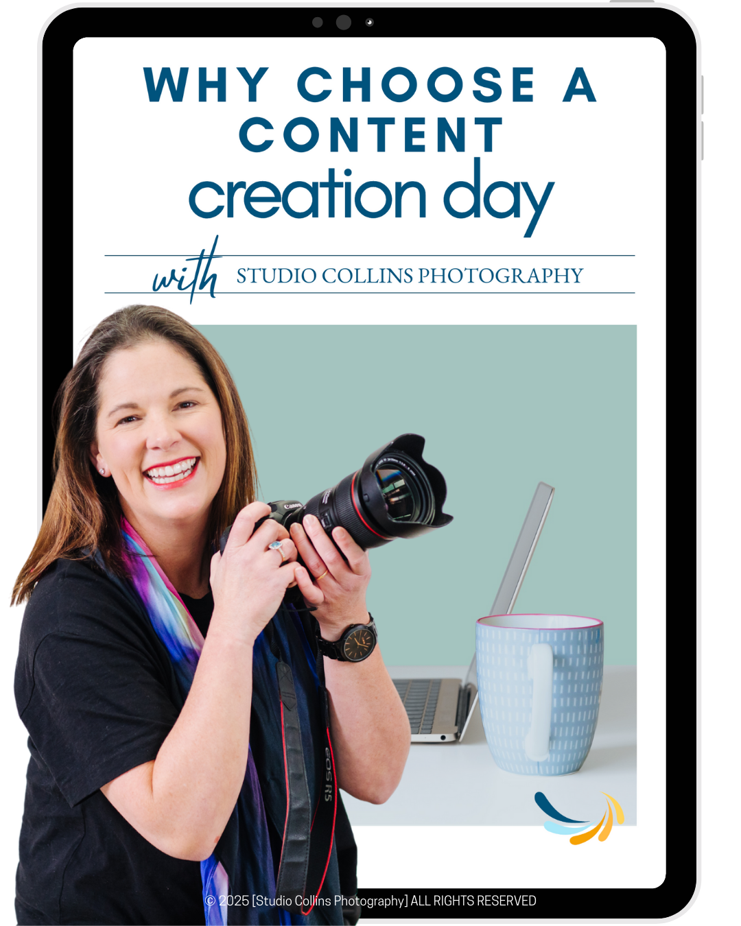 A promotional poster for a content creation day hosted by Studio Collins Photography, featuring a smiling woman holding a professional camera, with a laptop and a mug on a white surface in the background.