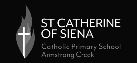Logo for St. Catherine of Siena Catholic Primary School in Armstrong Creek, featuring a white cross with a flame on a black background.