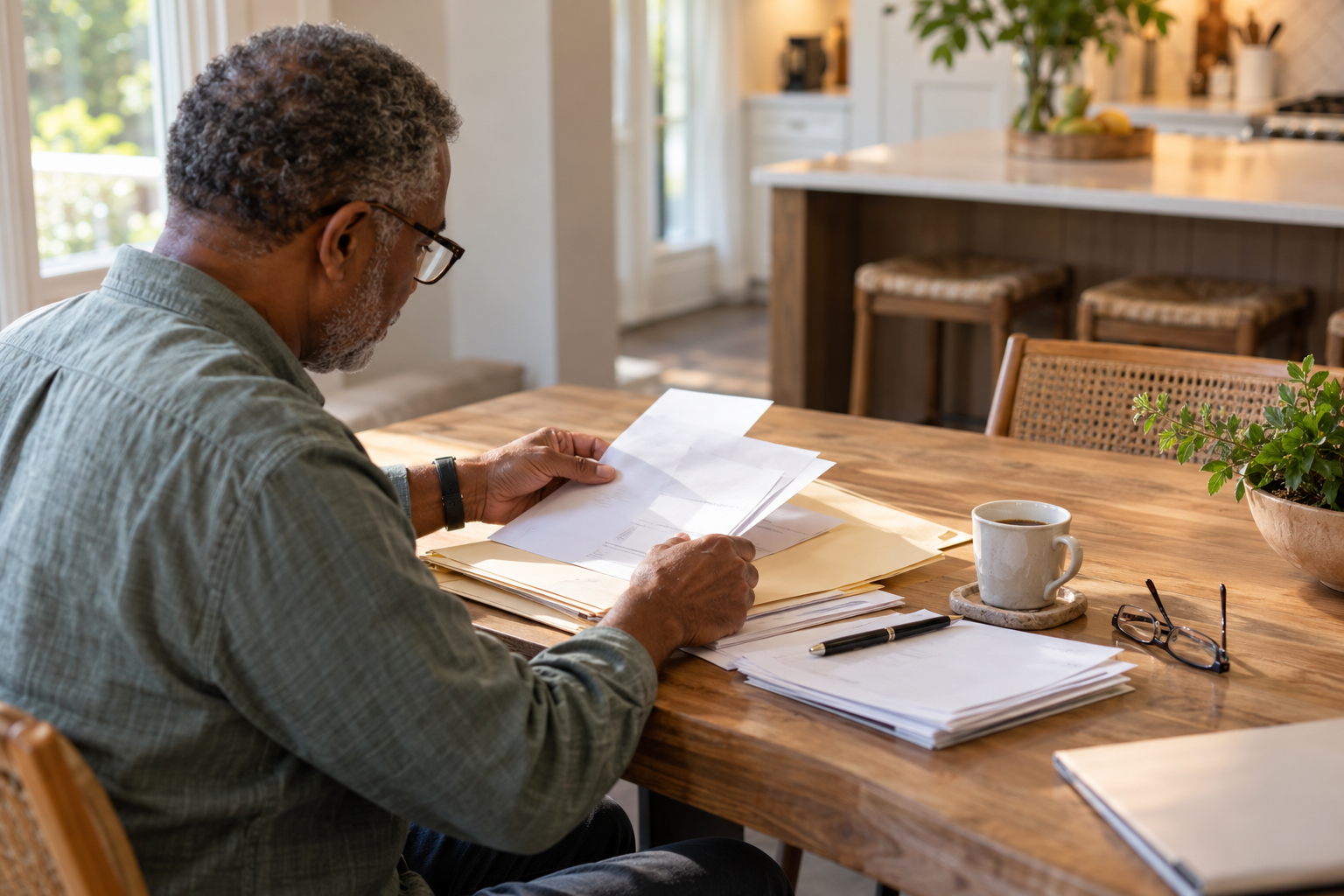 Homeowner organizing documents at a kitchen table. Preparing for DeKalb BrighterHome application. Kristen Johnson Real Estate