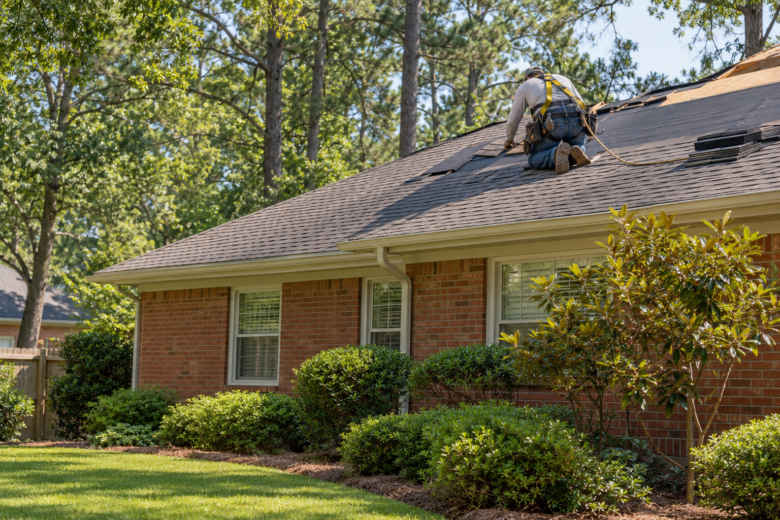 Roofer repairing shingles on a DeKalb County home. DeKalb BrighterHome Program. Kristen Johnson Real Estate