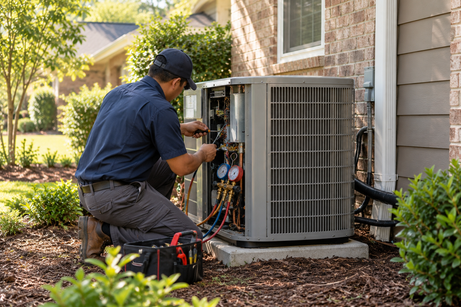 HVAC technician servicing an outdoor unit. DeKalb County home repair assistance. Kristen Johnson Real Estate