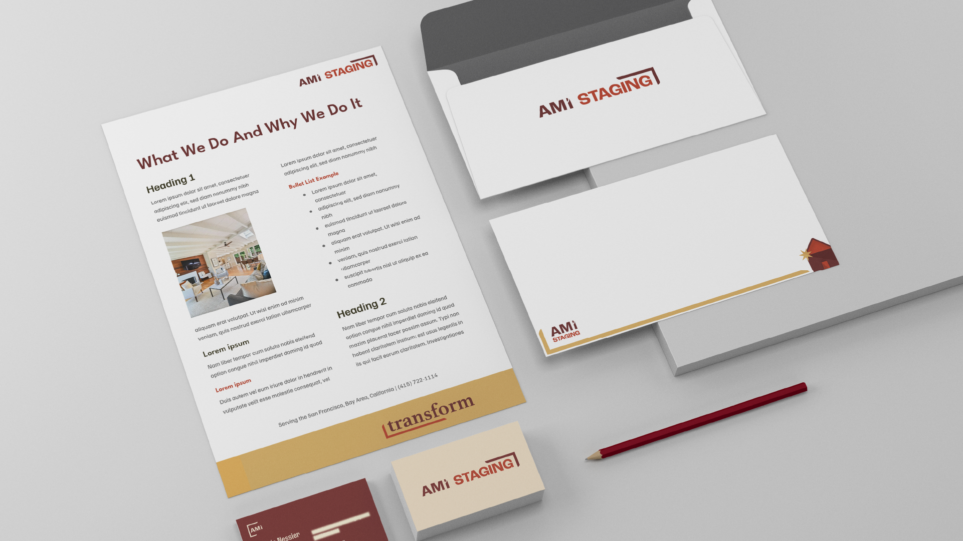 AMI Staging brand stationery suite — letterhead, envelope, and business card from full rebrand