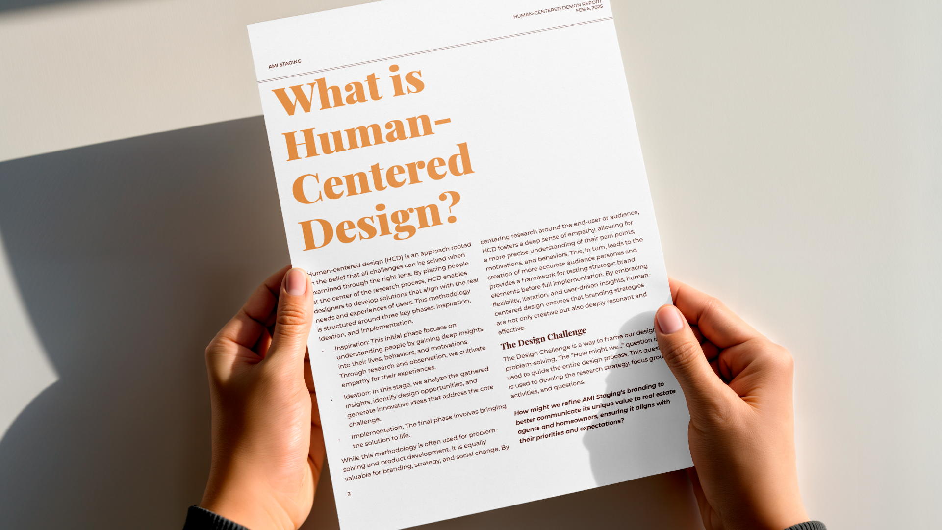 Human-centered design research document — brand strategy process for AMI Staging rebrand