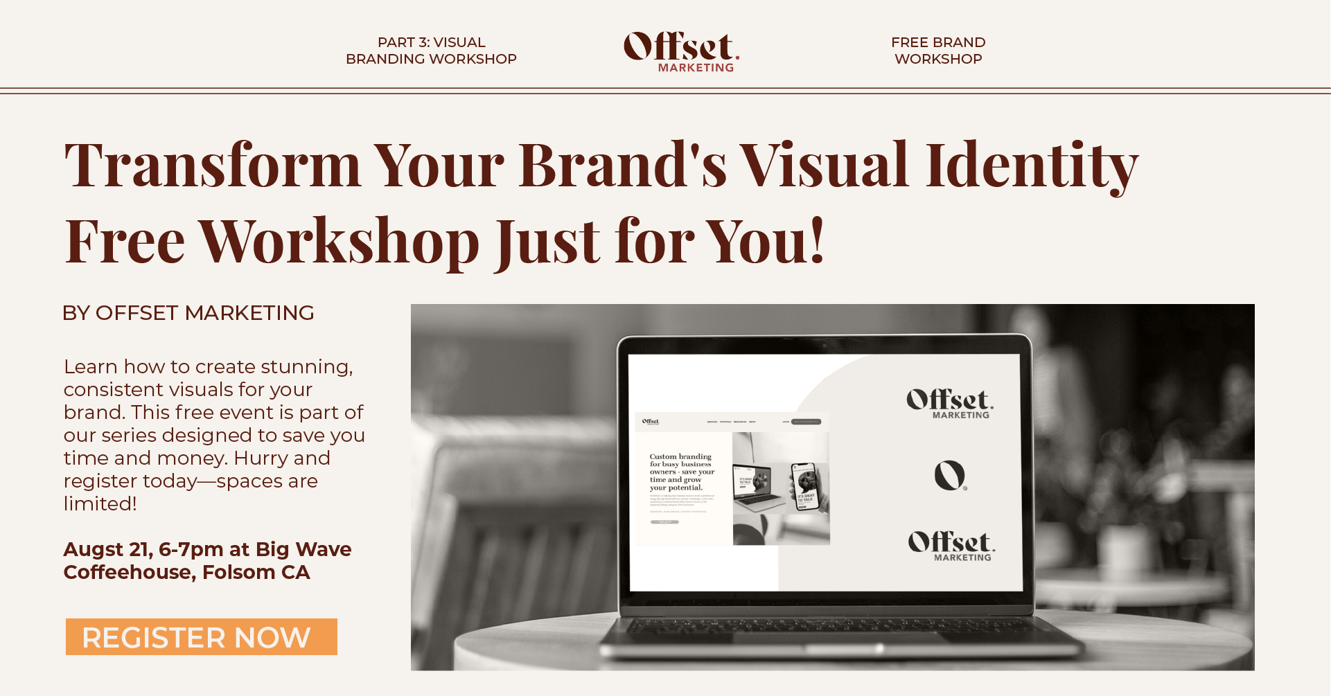 Flyer for Offset Marketing’s free small business brand workshop at Big Wave Coffee in Folsom