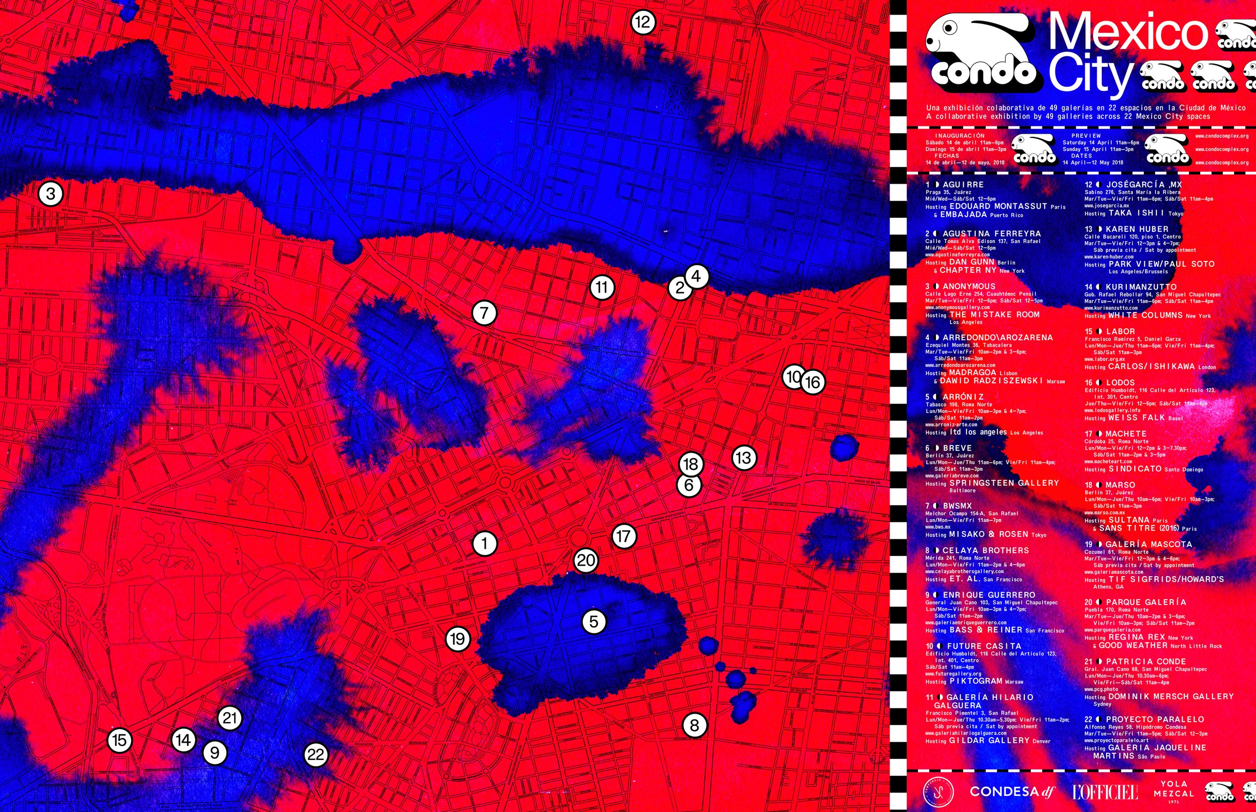 Map of Mexico City with red and blue color overlays and numbered locations indicating galleries for an exhibition called Condo Cono City. The sidebar on the right lists gallery names, addresses, hosting details, and opening hours.