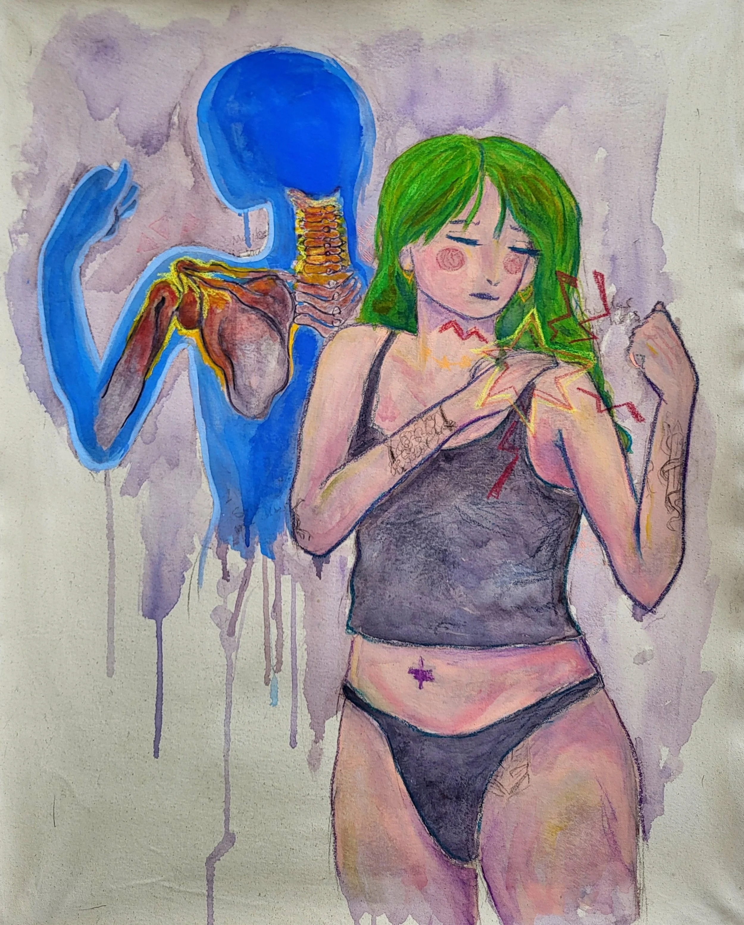 "aches" acrylic gouache, watercolour, 2026