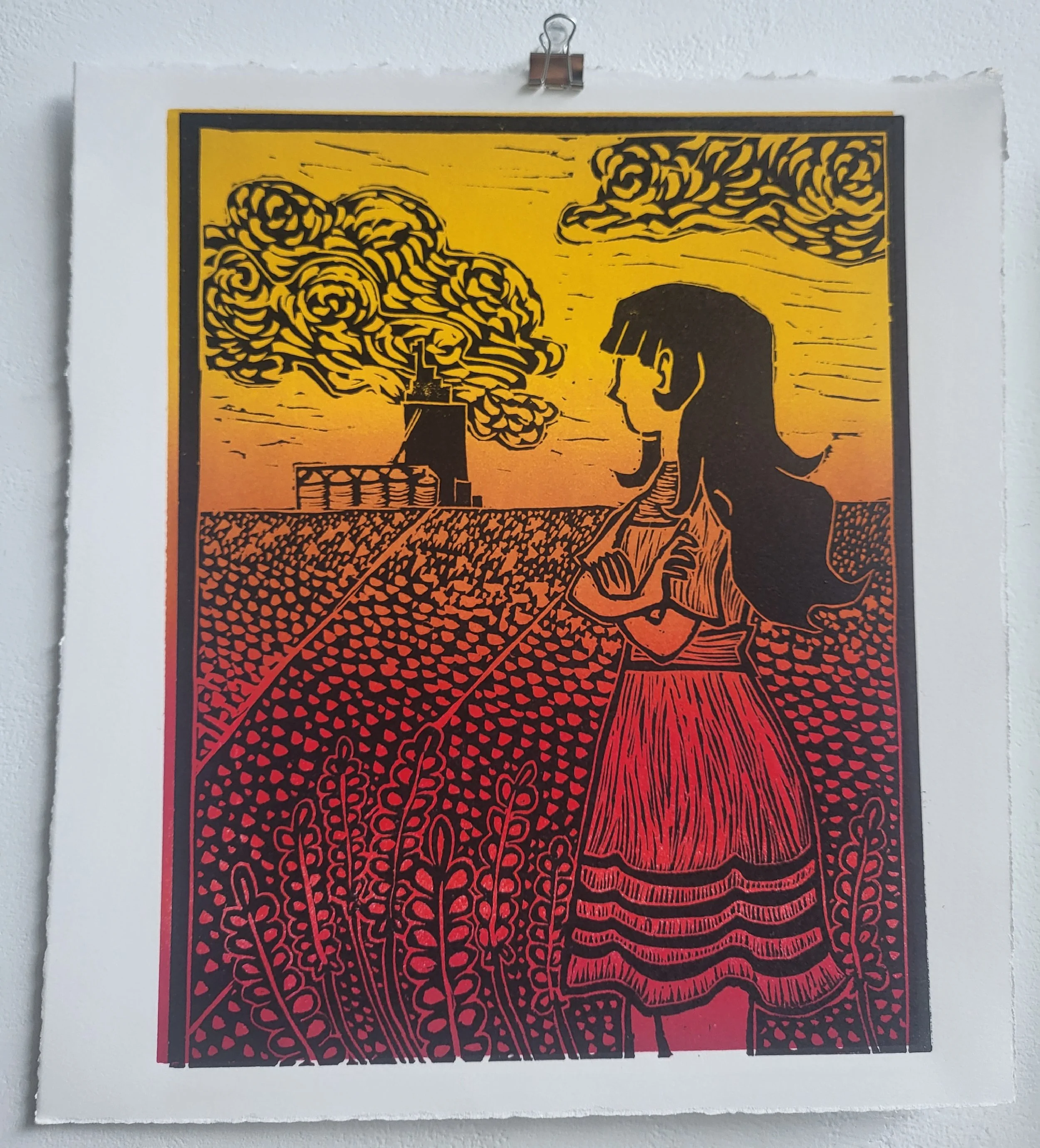 "i always see the prairies in my dreams" Lino Print, 2026