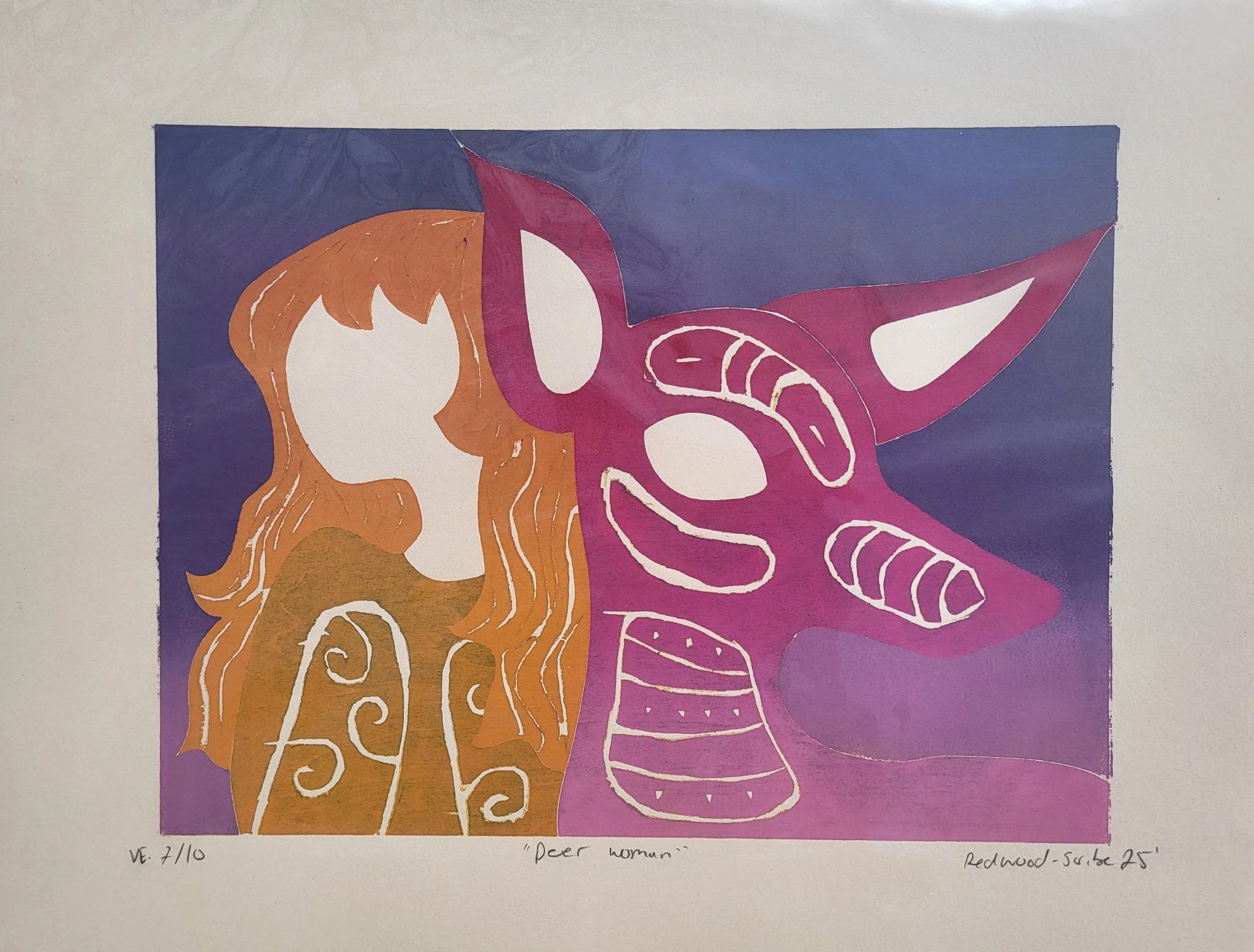"Deer Woman" VE 7/10, Woodcut, 2025 -SOLD