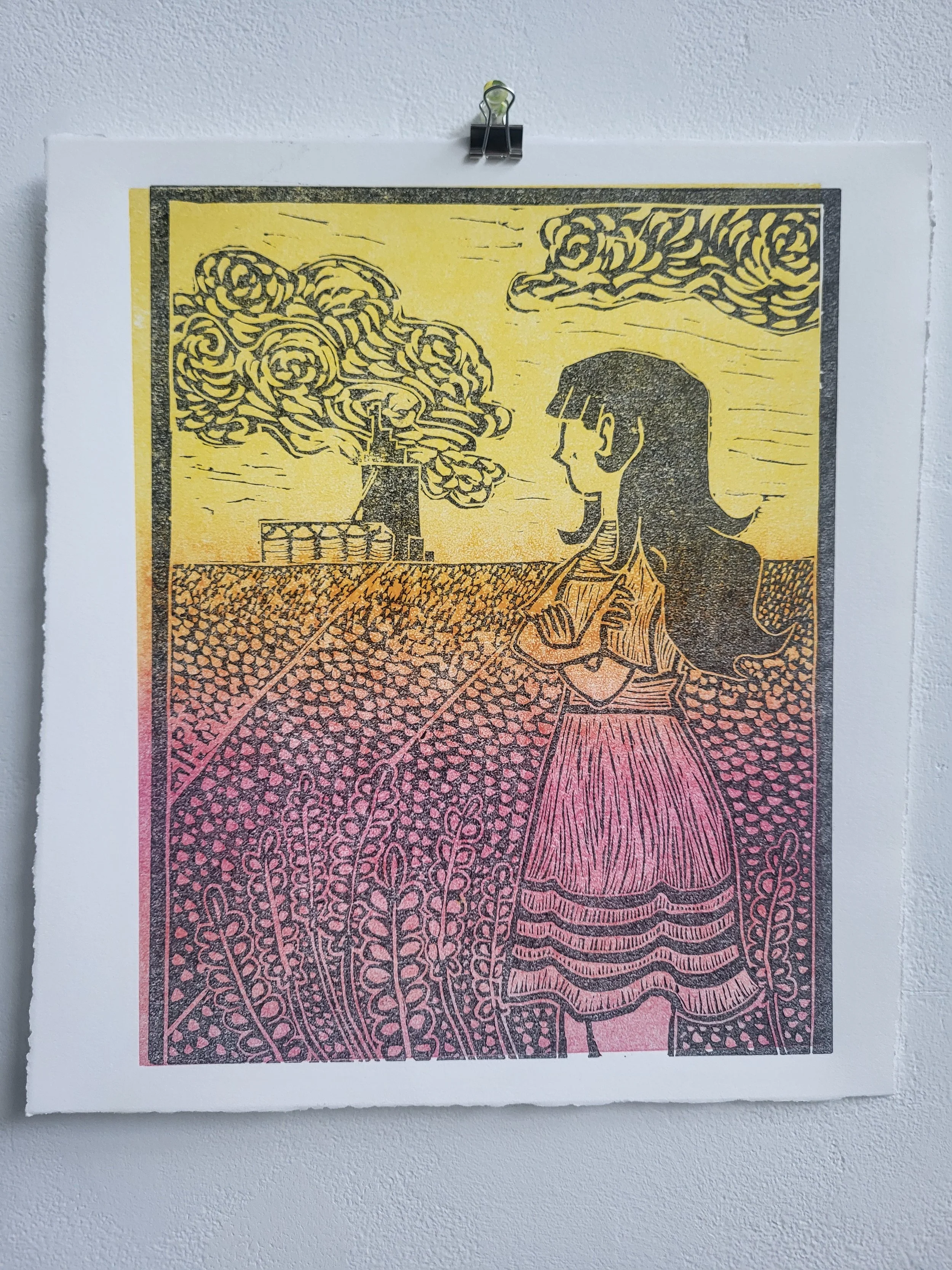 "i always see the prairies in my dreams" Lino Print, 2026