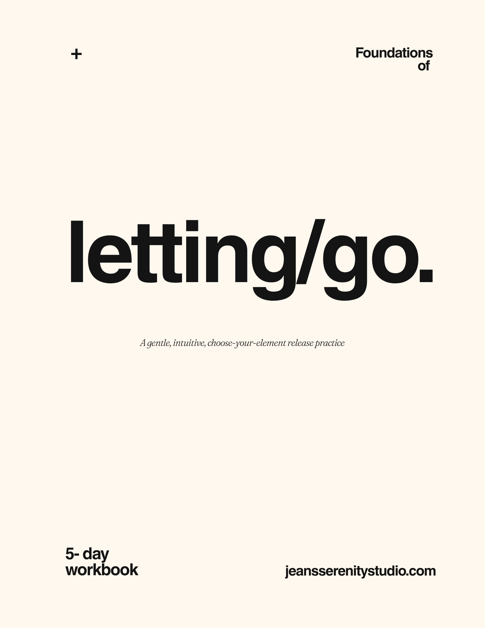Cover page of a 5-day workbook titled 'letting/go', published by Jean Sereni Studio, with a subtitle describing it as a gentle, intuitive, choose-your-element release practice.