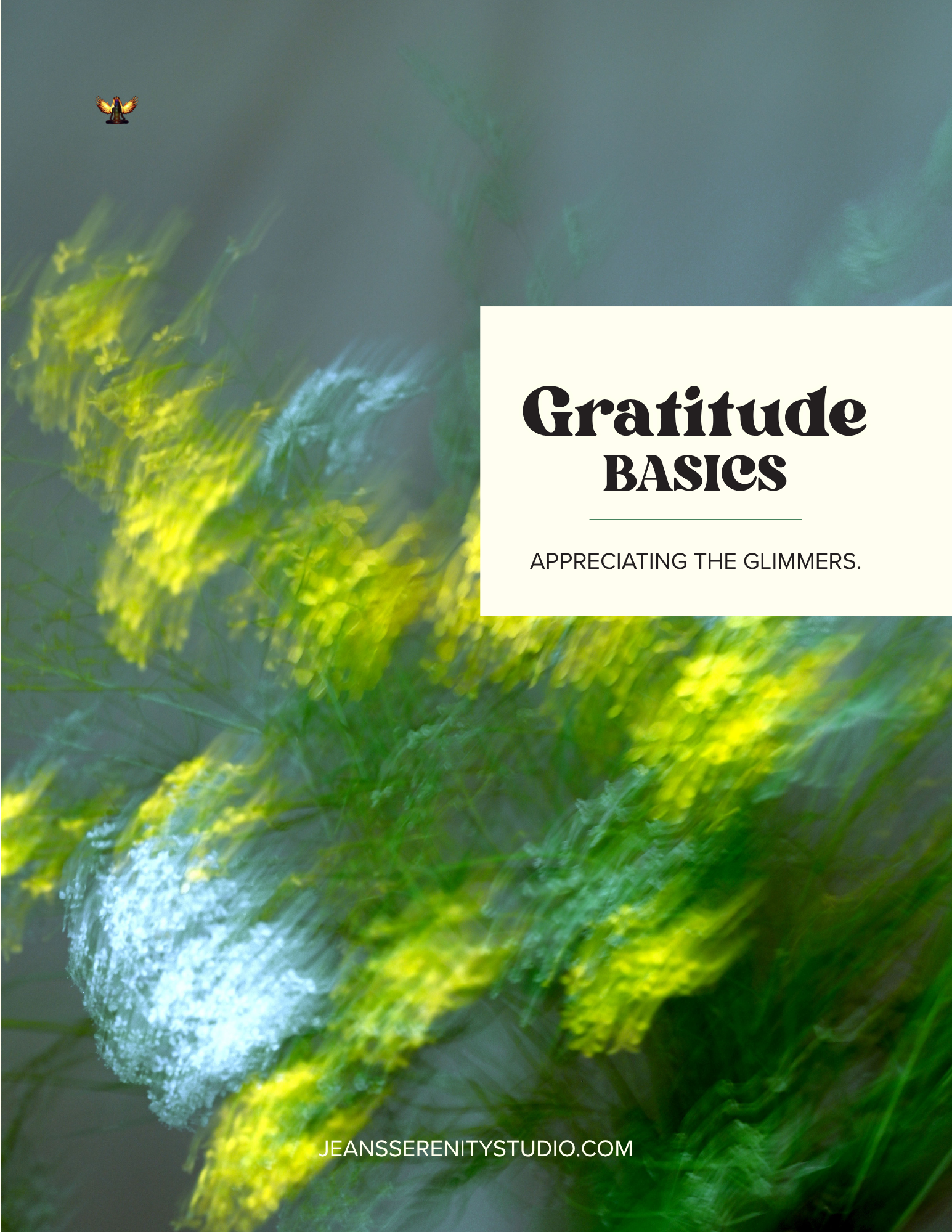 Abstract green and yellow blurry artwork with the text 'Gratitude Basics: Appreciating the Glimmers' and a small logo in the top left corner.