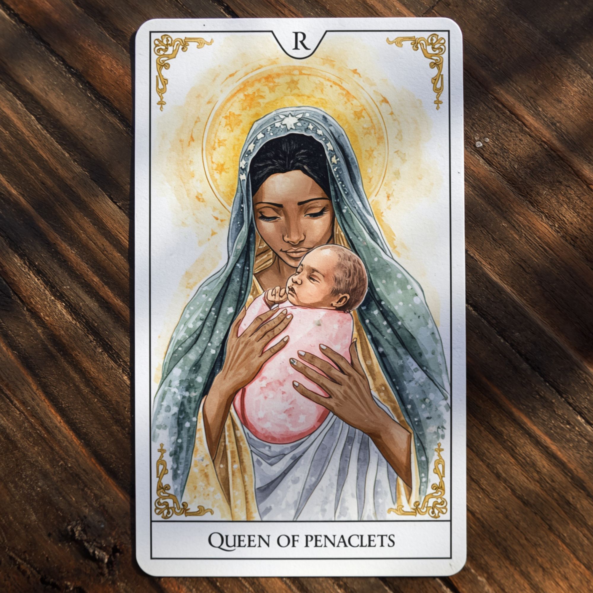 A tarot card titled Queen of Penalties featuring an illustration of a woman with long dark hair, wearing a head covering and holding a baby. The background is yellow with decorative gold borders.