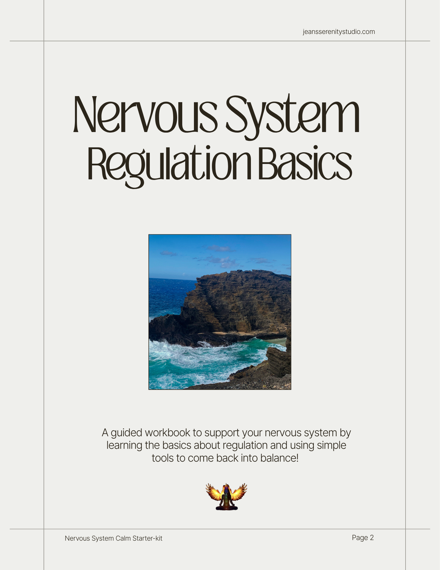 Cover page of a workbook titled "Nervous System Regulation Basics" with a photo of a cliff overlooking the ocean and an image of a meditating figure with wings and halo at the bottom.