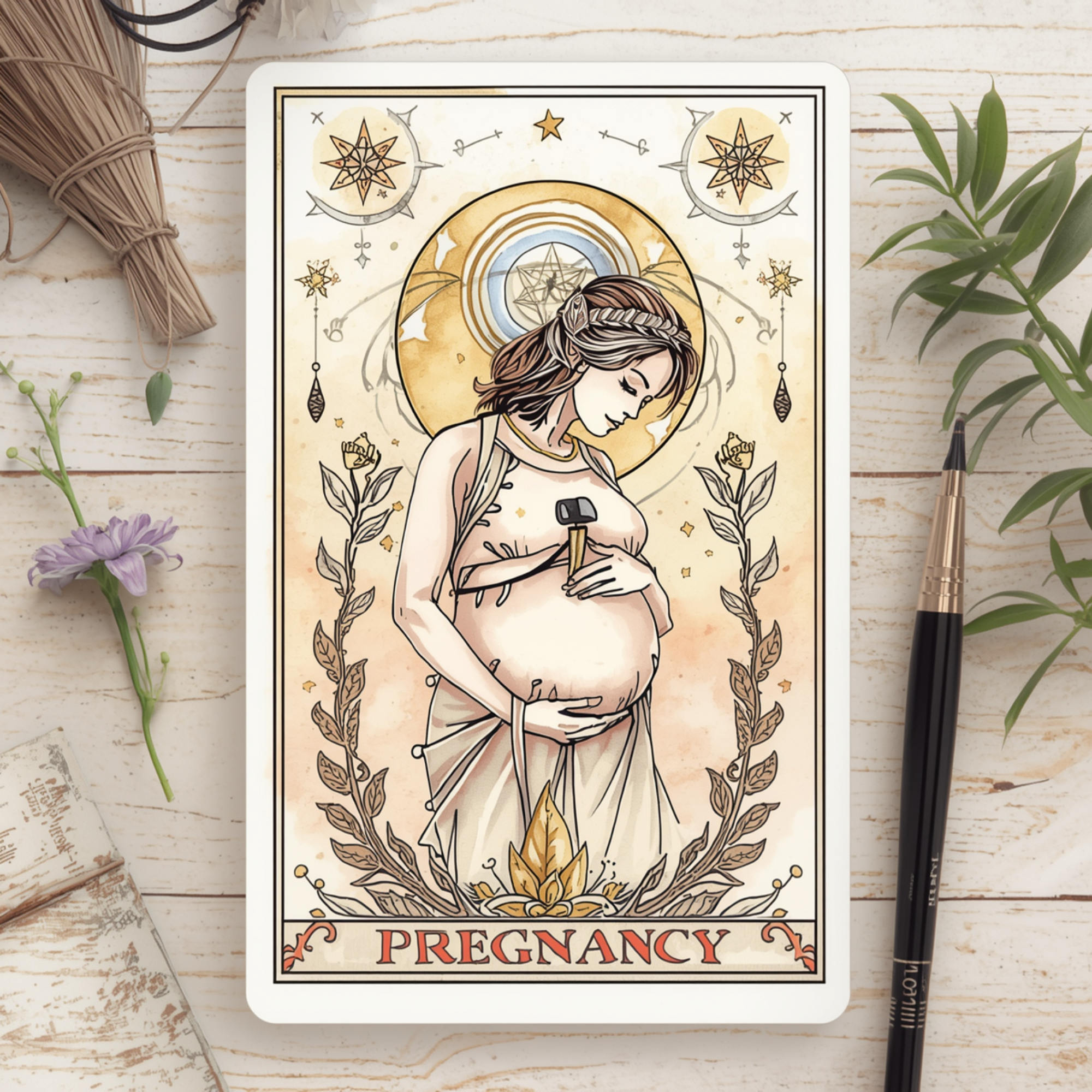 Colorful illustrated pregnancy support poster with woman holding her stomach, surrounded by celestial and botanical designs, on a wooden desk with flowers, a notepad, and a pen nearby.