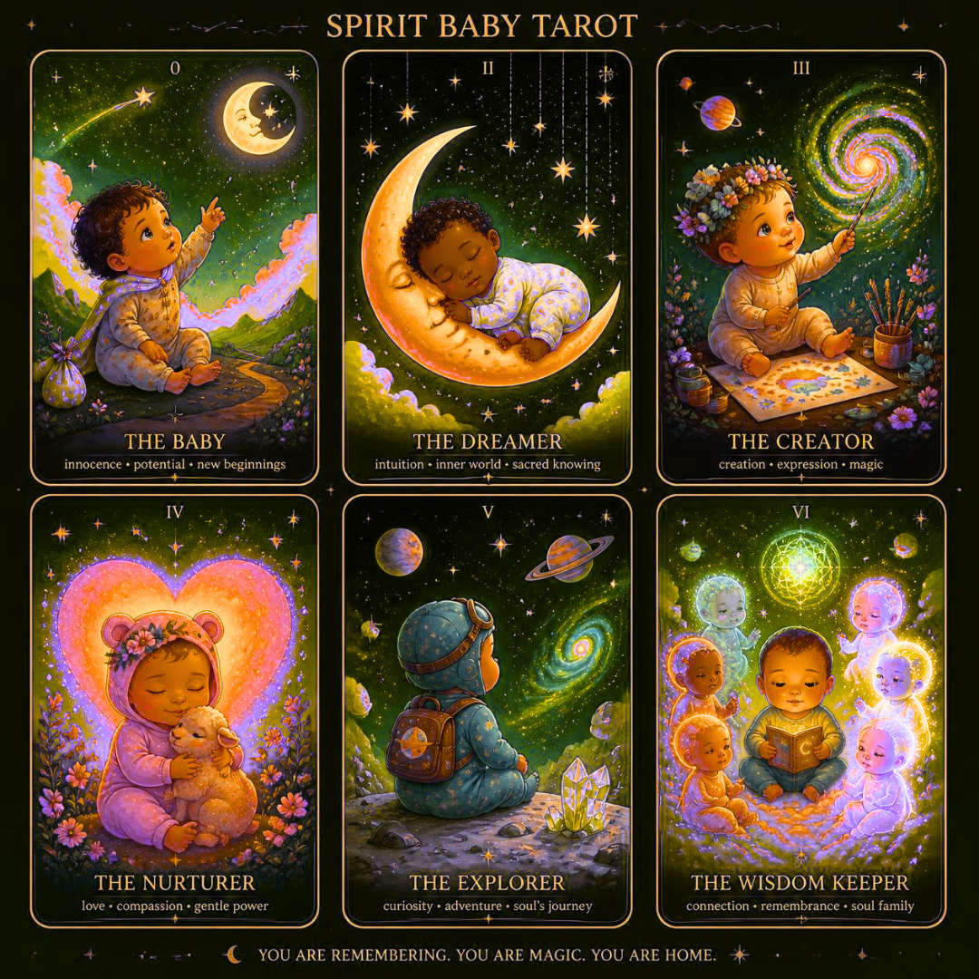 A colorful illustrated tarot card set titled 'Spirit Baby Tarot' featuring six cards, each depicting a different stage or aspect of a child's spiritual journey, with stars, planets, and cosmic backgrounds.