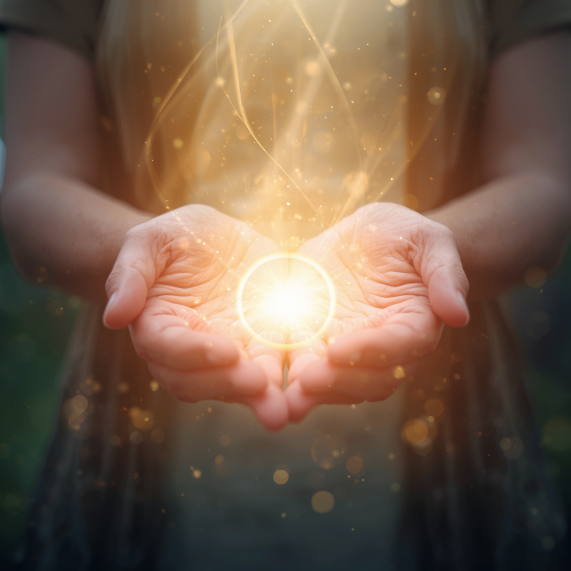 Close-up of hands cupping glowing golden light and sparkling particles, creating a mystical or magical effect.