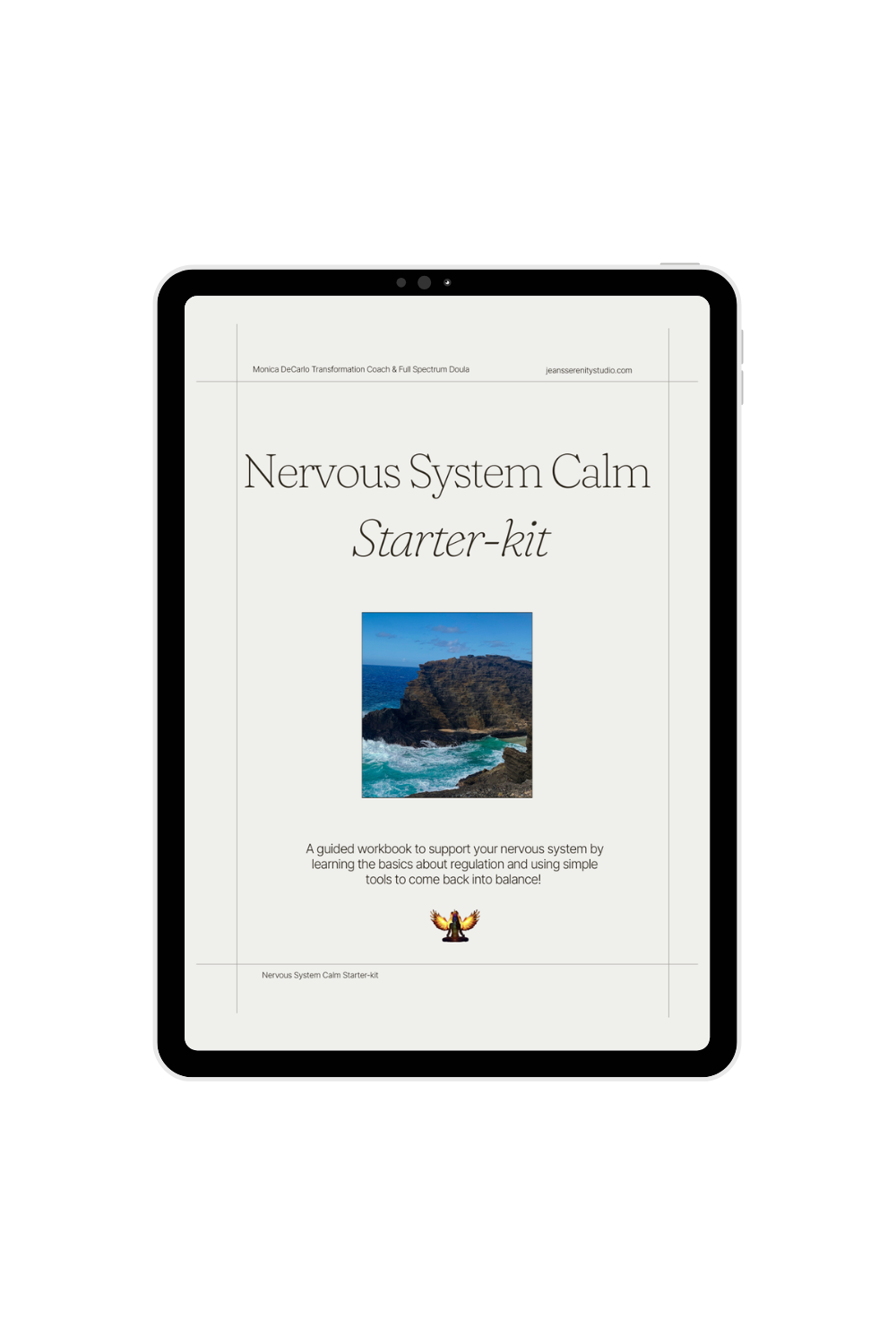 Cover page of a digital workbook titled "Nervous System Calm Starter-kit" featuring an ocean cliff landscape photo and a small icon with wings at the bottom.