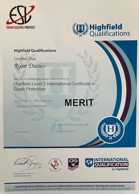International Close Protection Qualification Highfield.
