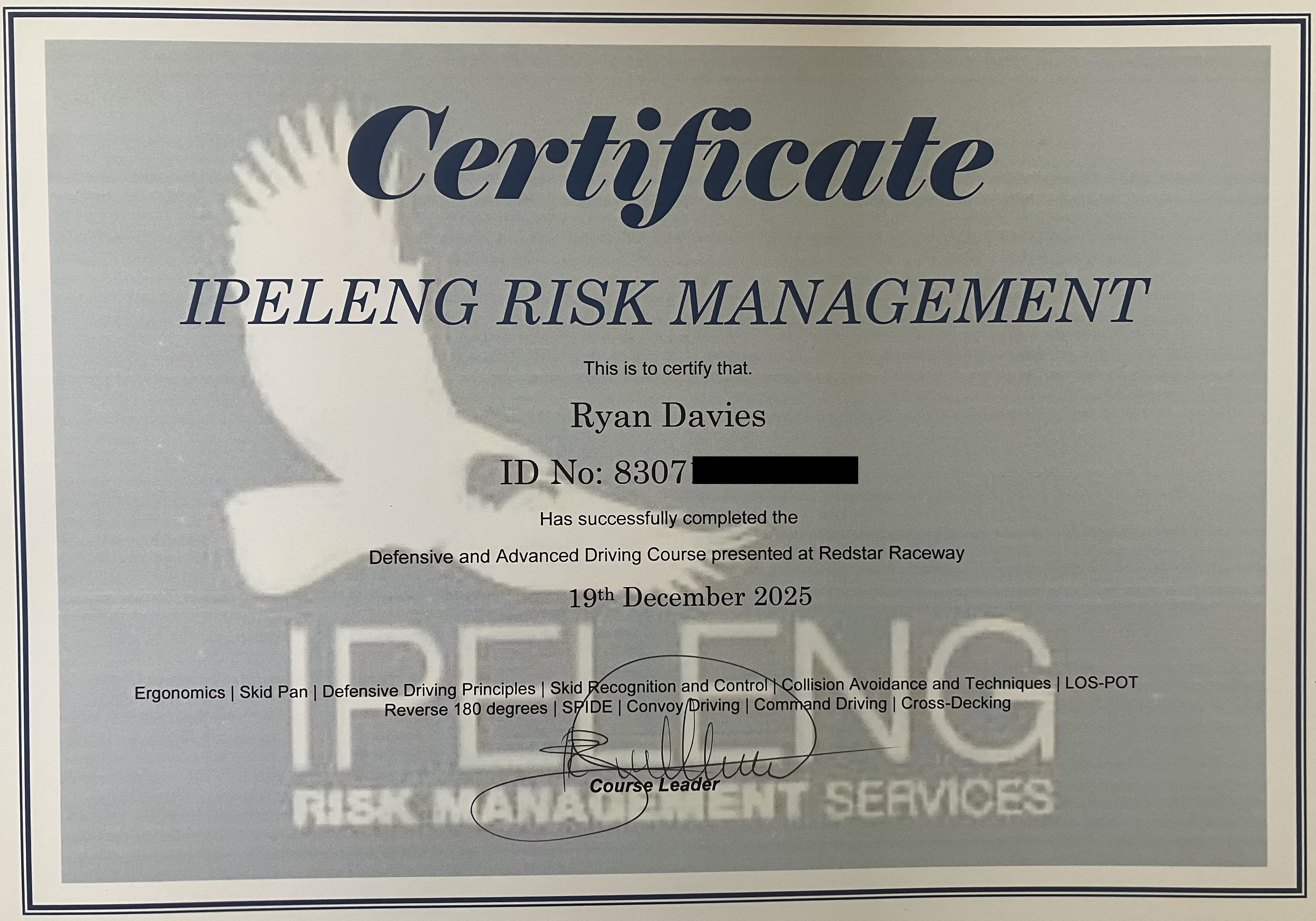 A certificate awarded to Ryan Davies for completing a defensive and advanced driving course at Redstar Raceway on December 19, 2025. The certificate includes topics such as ergonomics, skid pan, defensive driving principles, collision avoidance, reve