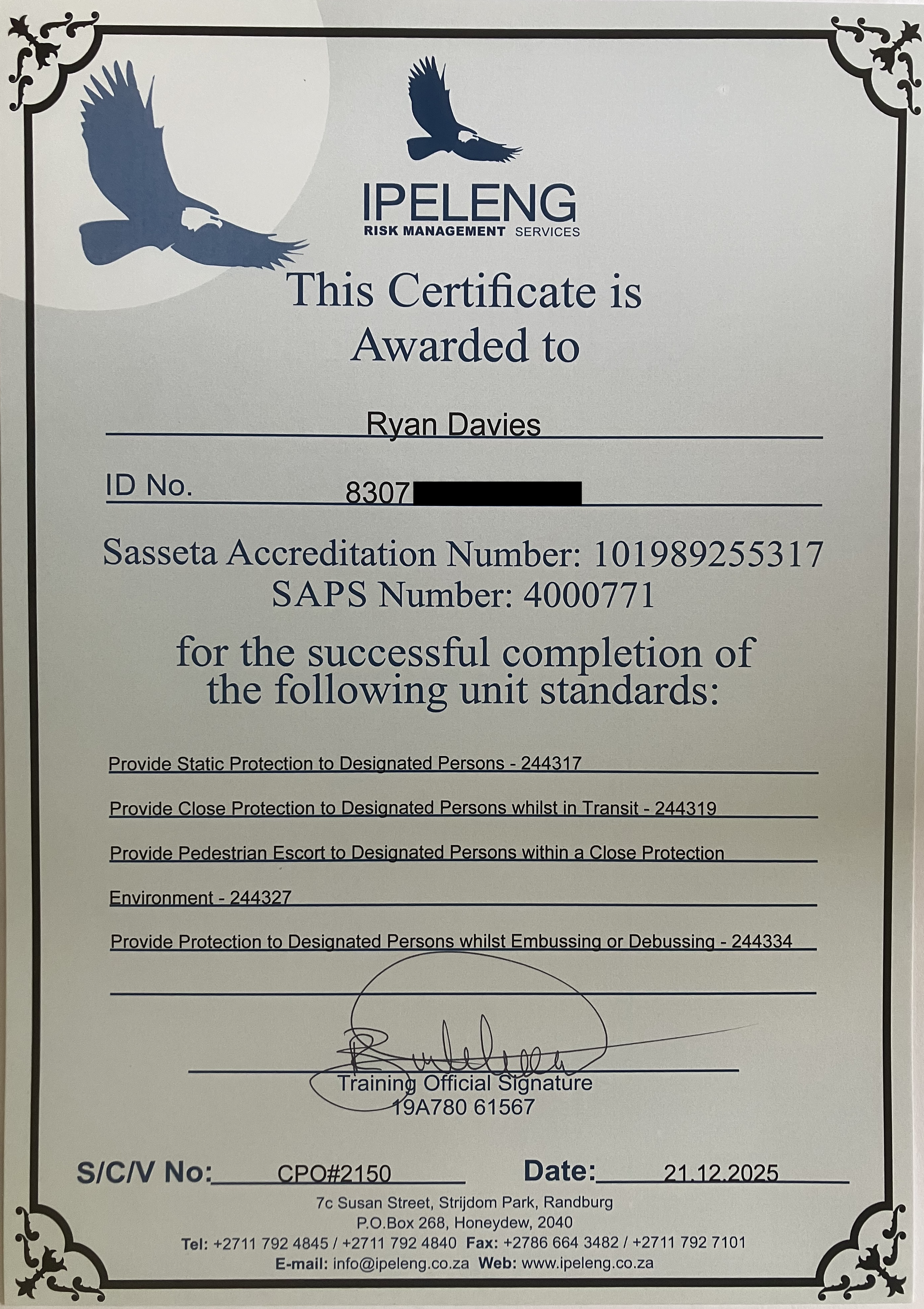 Certificate awarded to Ryan Davies by IPELANG Risk Management Services, with eagle graphics, detailing various protection standards, signatures, and certification details.