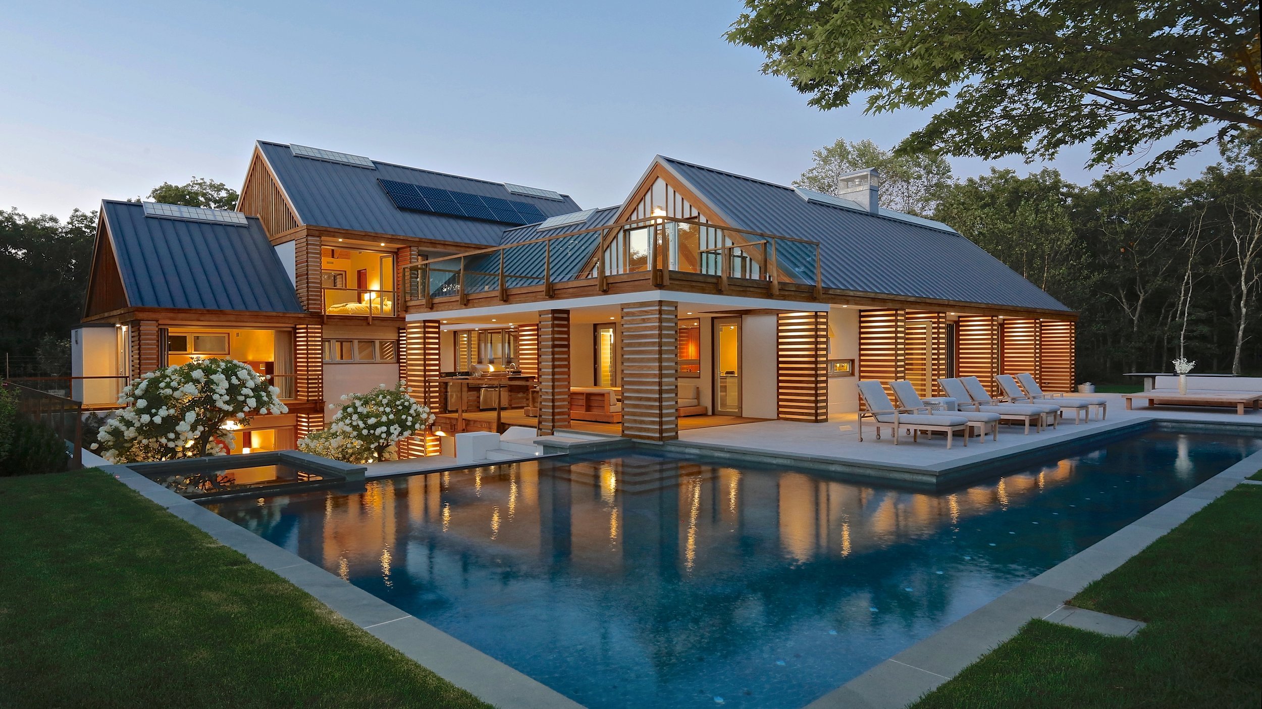 Lutron lighting control scene in a Sagaponack luxury home at dusk
