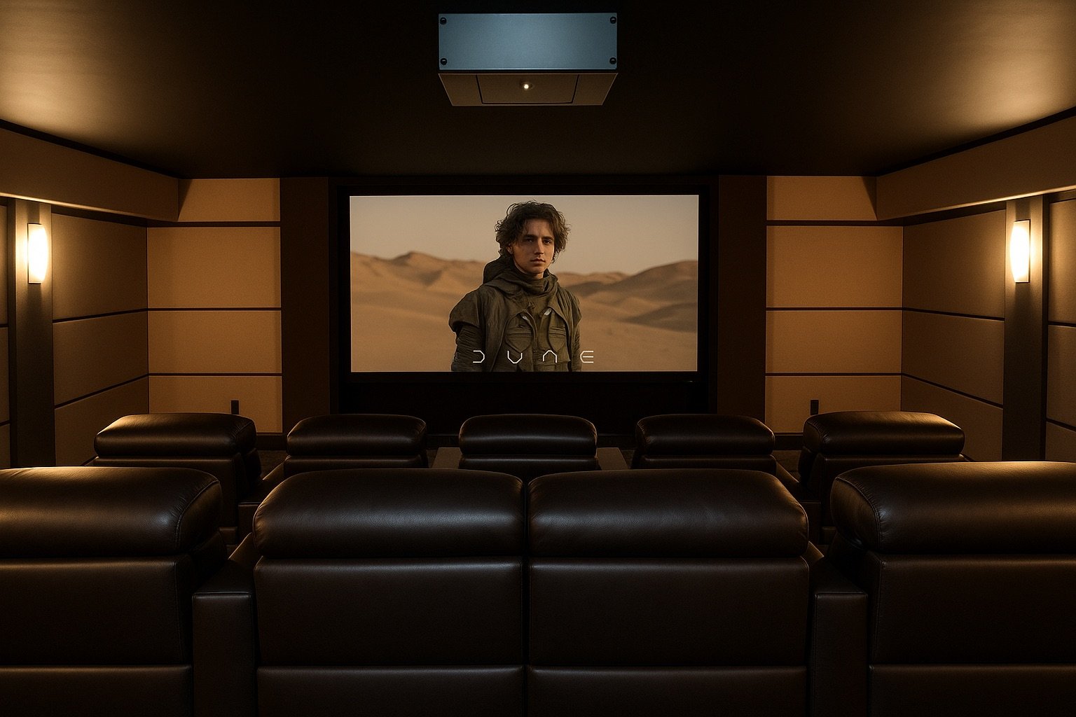 Home theater with leather recliner chairs and a large screen showing a scene from the movie Dune with a person in desert attire in a sandy landscape.