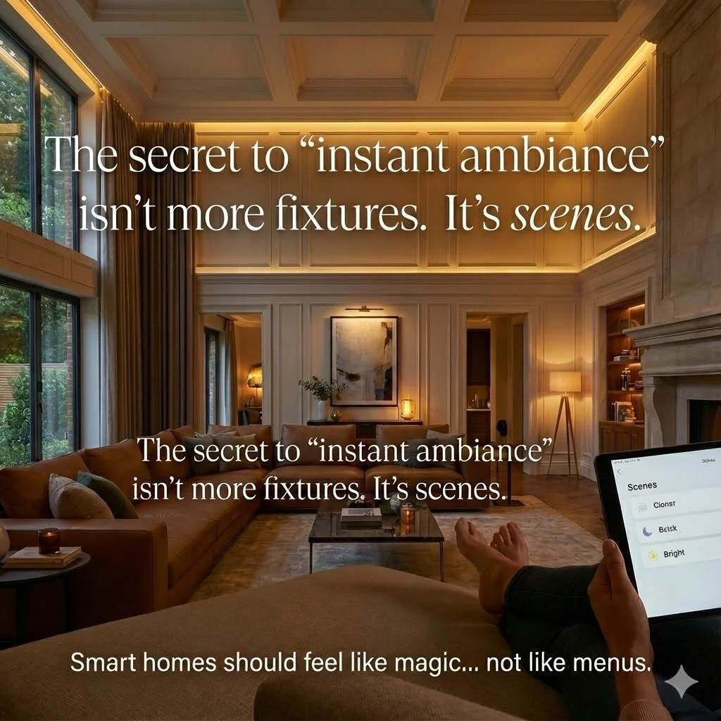 The secret to &ldquo;instant ambiance&rdquo; isn&rsquo;t more fixtures.
It&rsquo;s scenes.
We program lighting + automation so your home shifts effortlessly&mdash;bright and crisp for cleaning, warm and low for dinner, and perfectly calm for winding 