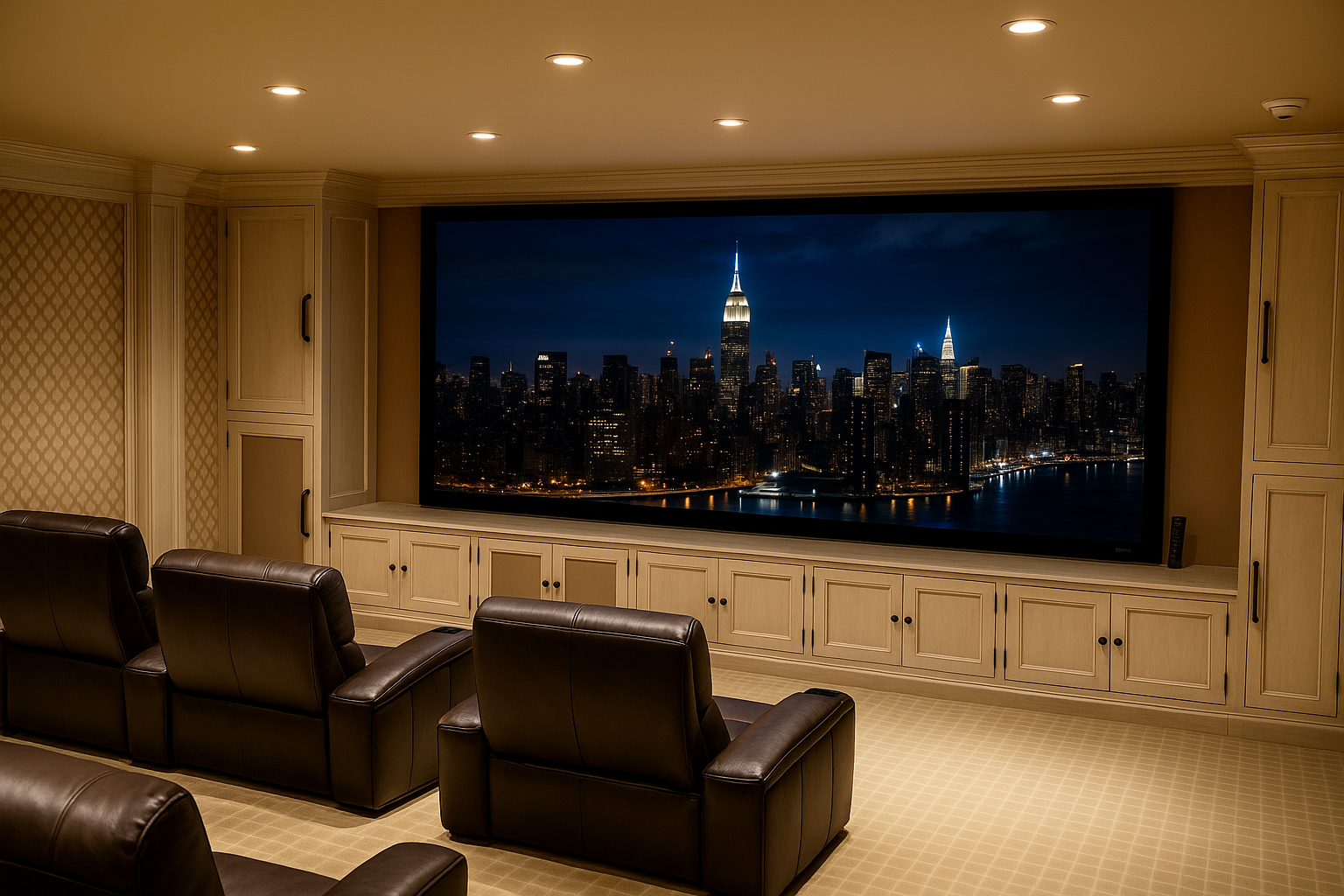 A home theater room with dark leather chairs facing a large screen displaying a nighttime cityscape of New York City, including the Empire State Building.