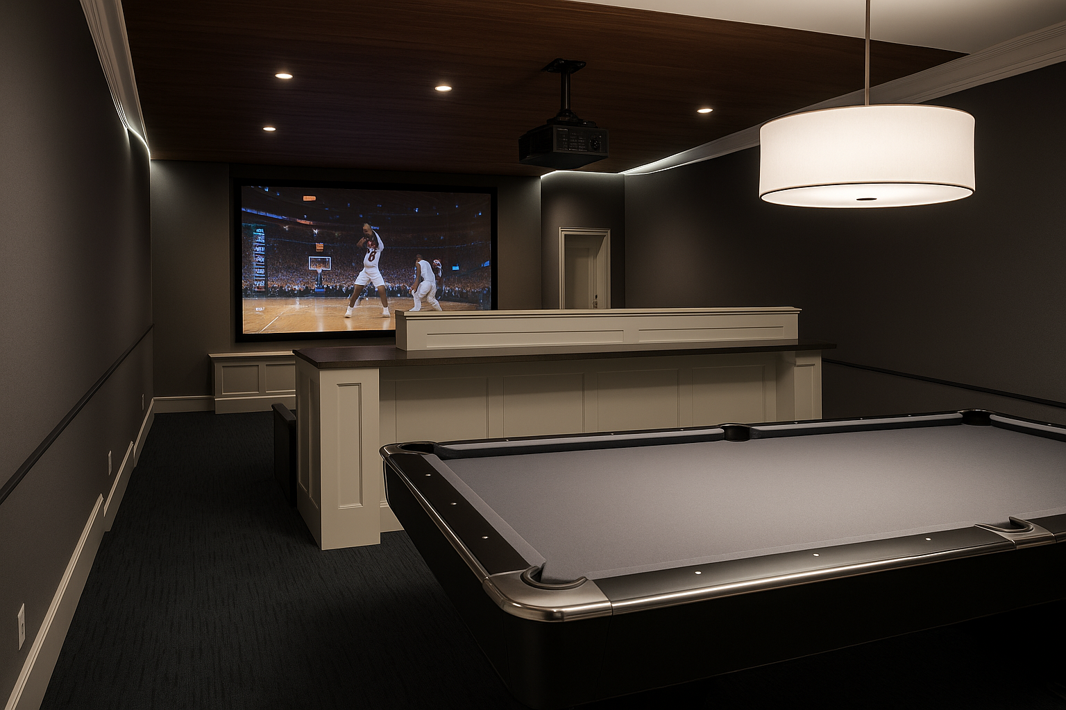 A game room featuring a pool table, a large screen showing a basketball game, and a white ceiling lamp in a modern, dimly lit setting.
