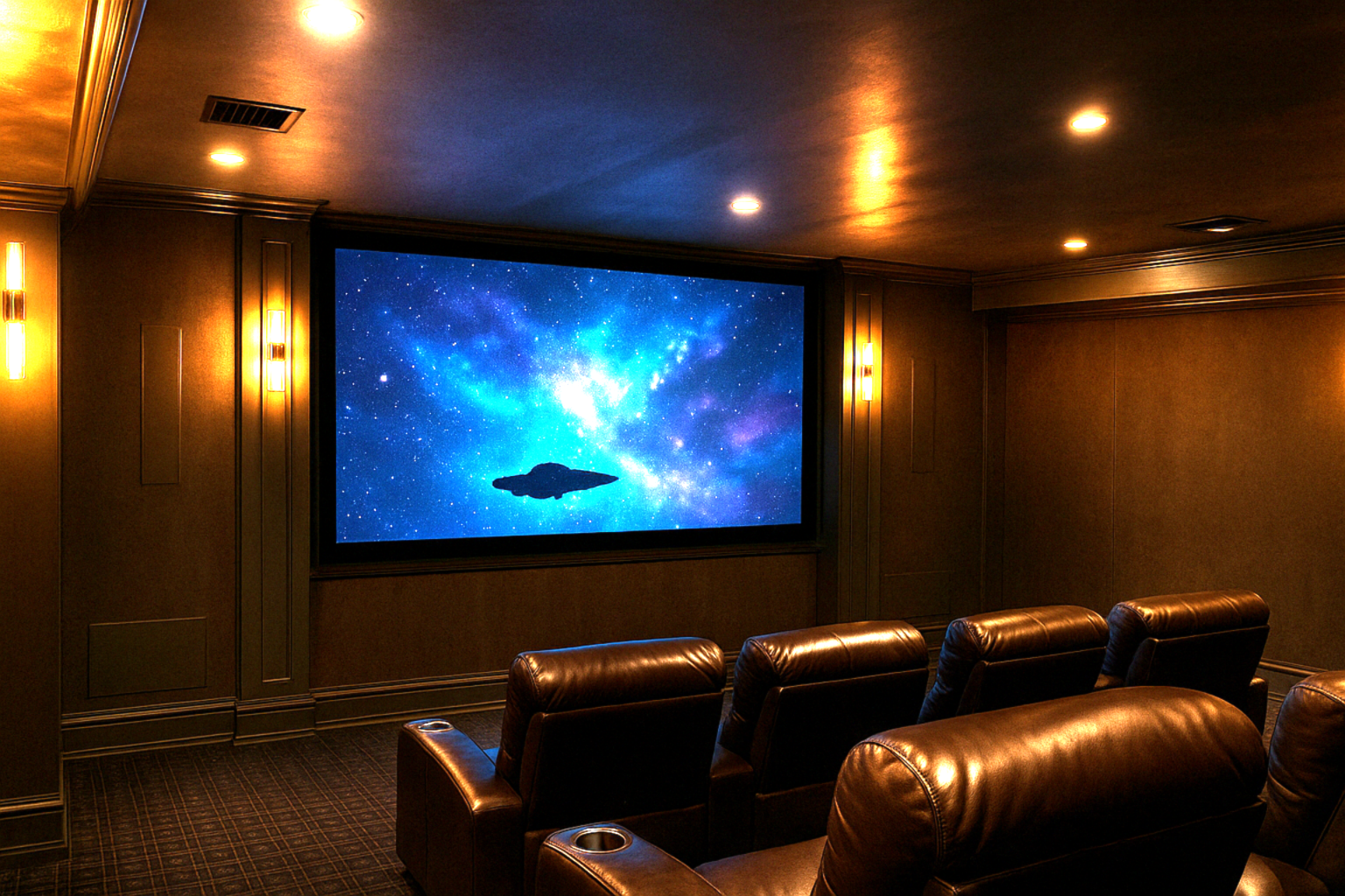 Home theater room with leather recliner seats facing a large screen displaying a space scene with stars and a spaceship.