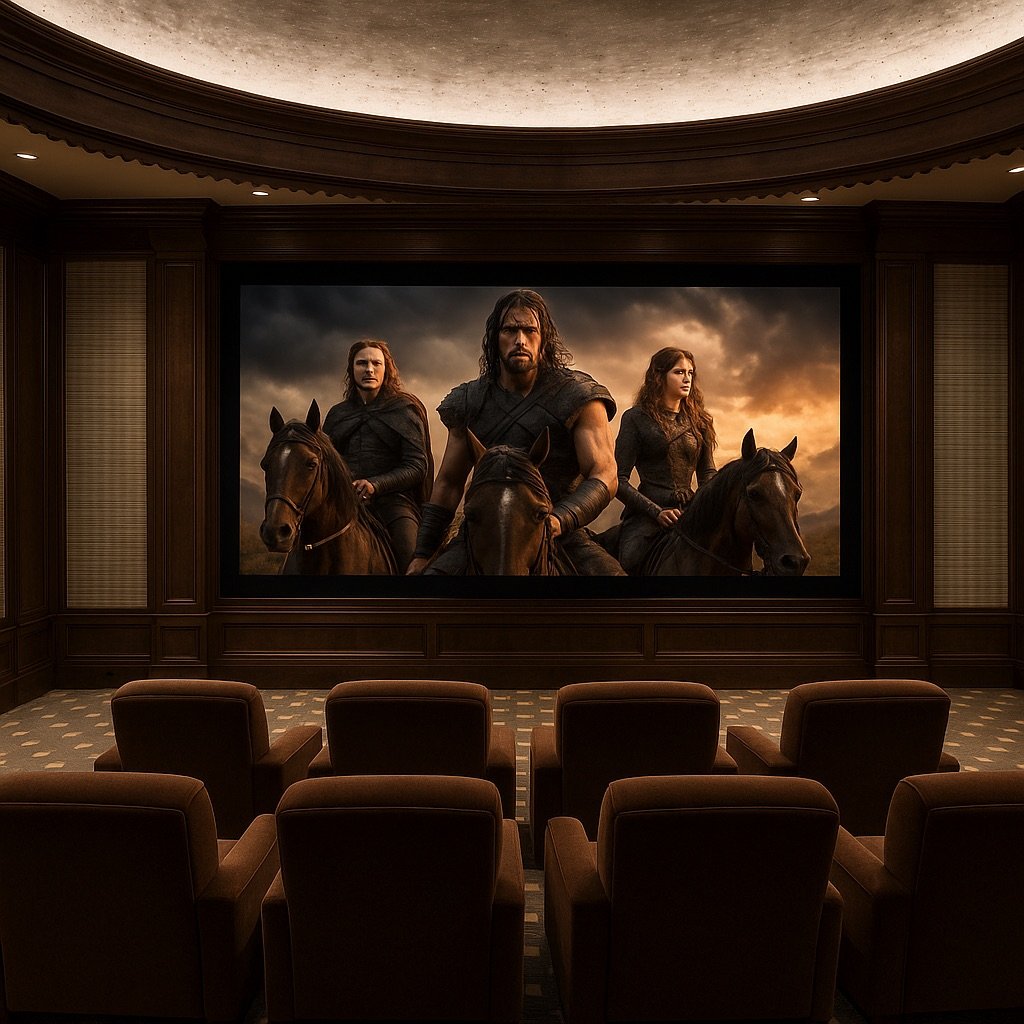 A darkened home theater with a large screen displaying characters from a medieval fantasy scene, featuring three people on horseback against a stormy sky.