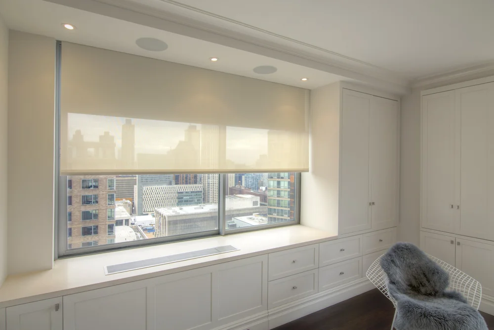 High-rise apartment with built-in architectural speakers and city view