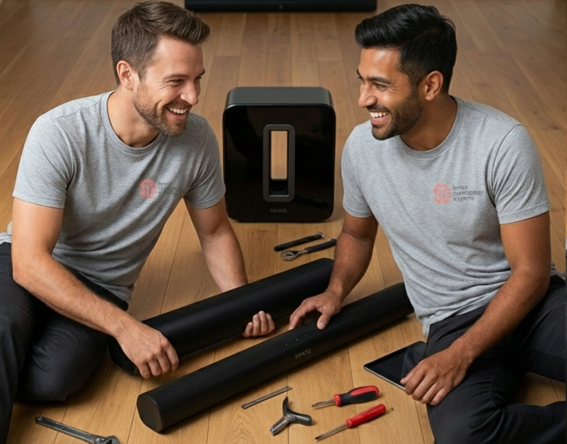 HTE technicians installing a Sonos soundbar and subwoofer