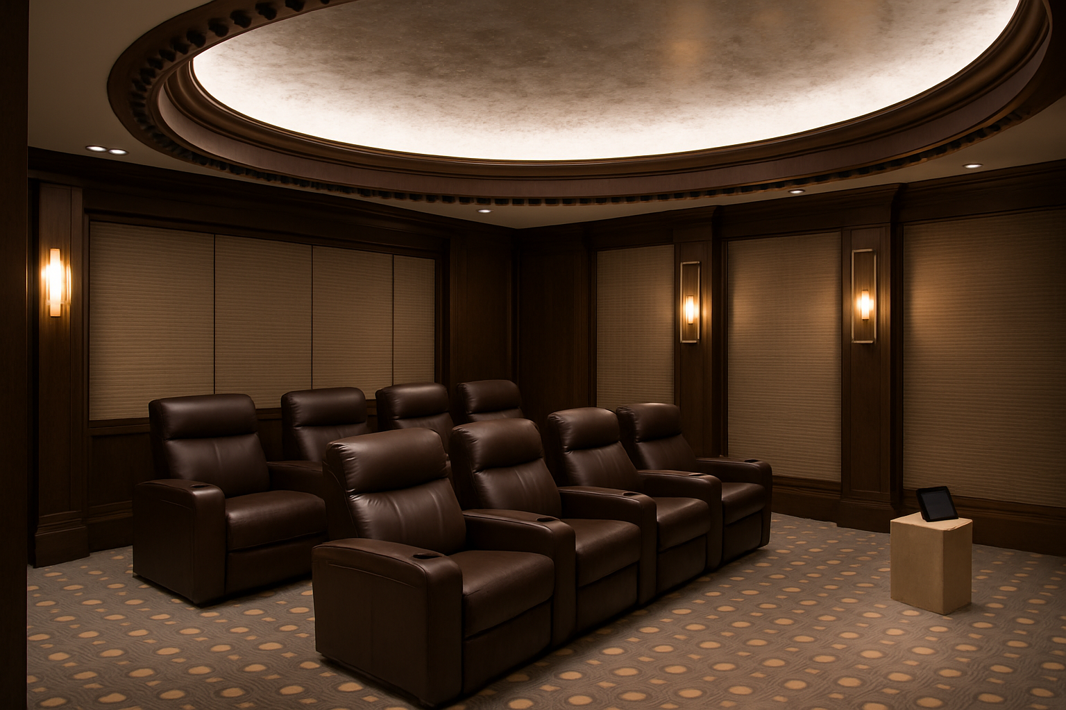 A dimly lit conference room with six brown leather recliners arranged in two rows, with a small tablet on a beige pedestal to the right. The room has wood-paneled walls, vertical light fixtures, and a circular ceiling light fixture.