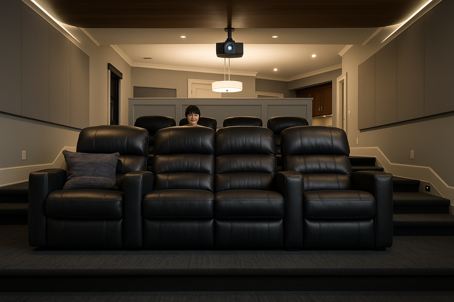 A home theater room with eight black leather recliner seats arranged in two rows, with a woman sitting in the back row, and a projector mounted on the ceiling.
