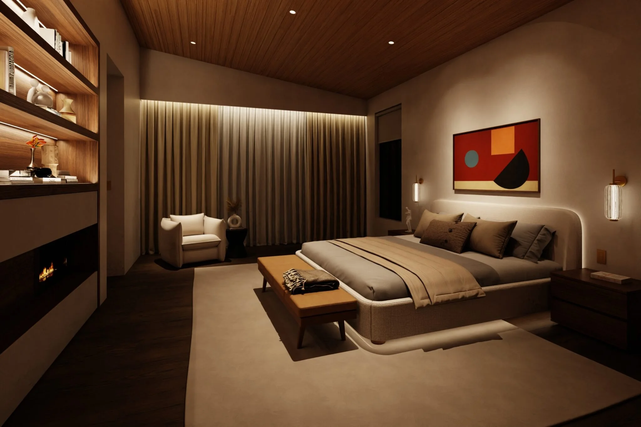 Modern bedroom with a large bed, abstract artwork, armchair, curtains, and built-in bookshelf with decorative items, warm lighting.