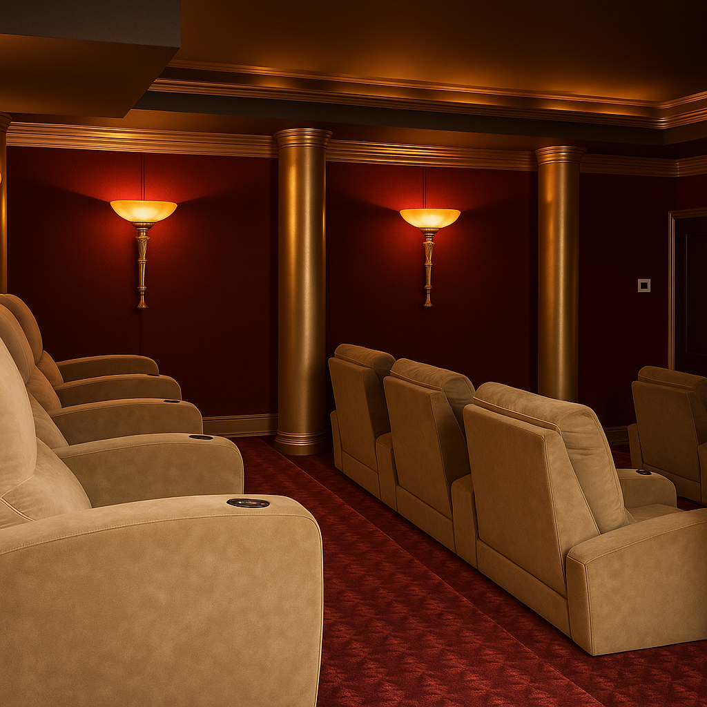 An elegant theater room with plush beige recliner chairs, dark red walls, gold accents, two wall-mounted sconces, and a red carpet.