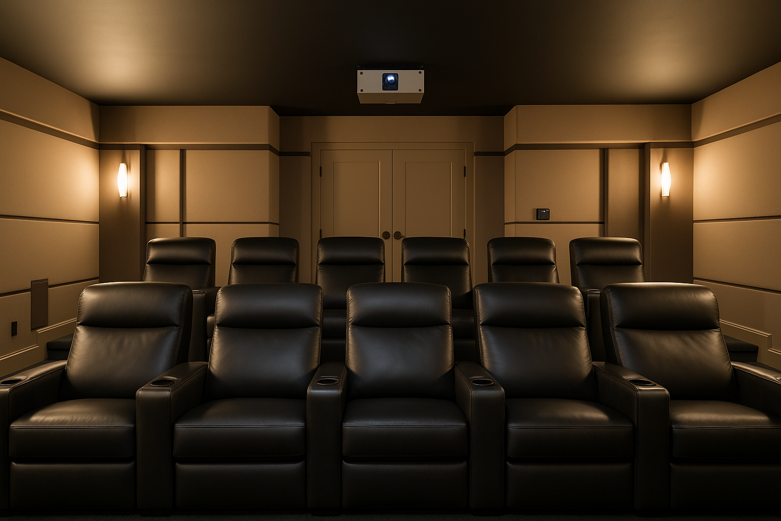 A private cinema room with two rows of black leather recliner seats, beige walls with paneling, wall sconces, and a ceiling-mounted projector.