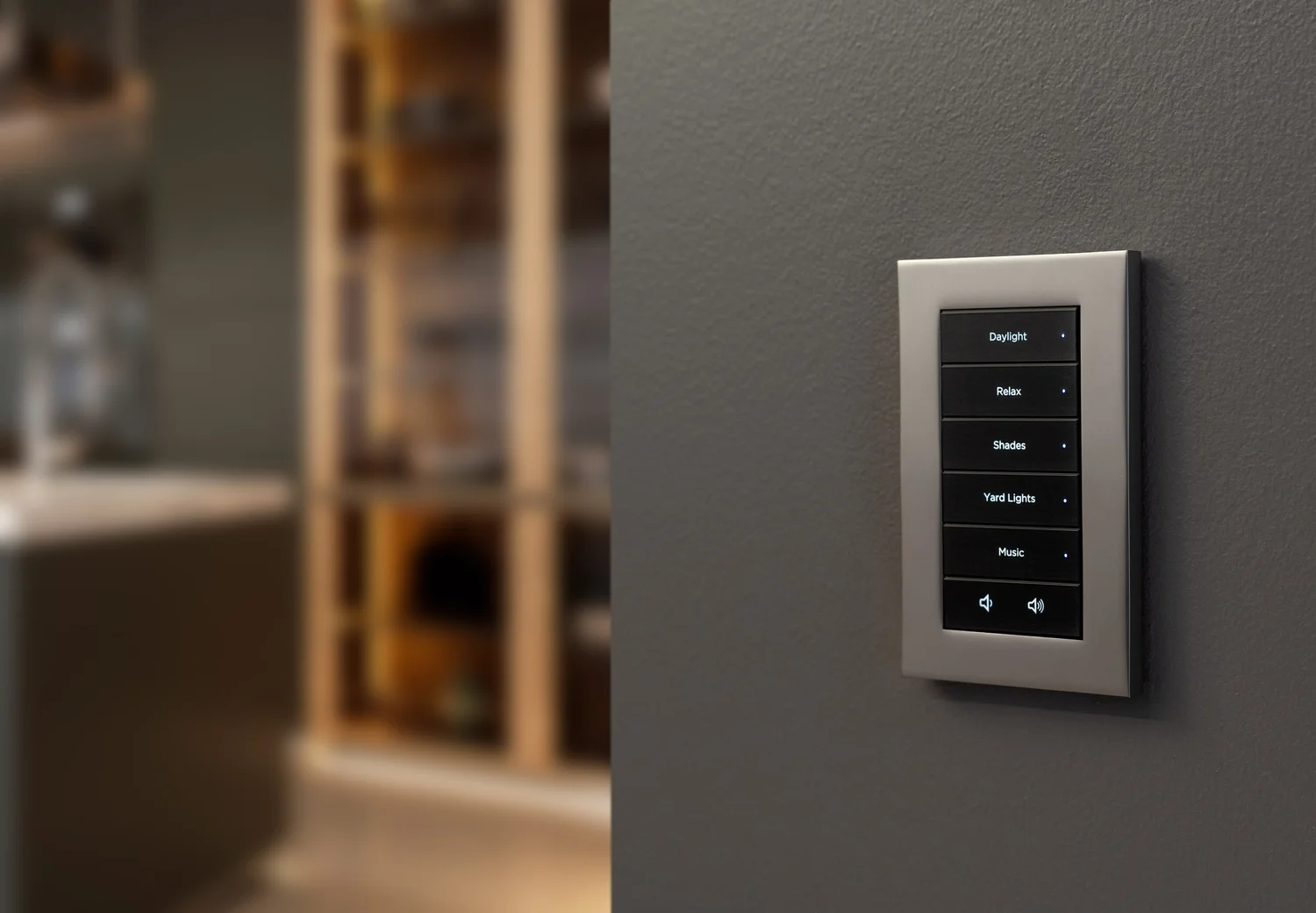 Control4 touchscreen keypad with engraved lighting and shade scenes