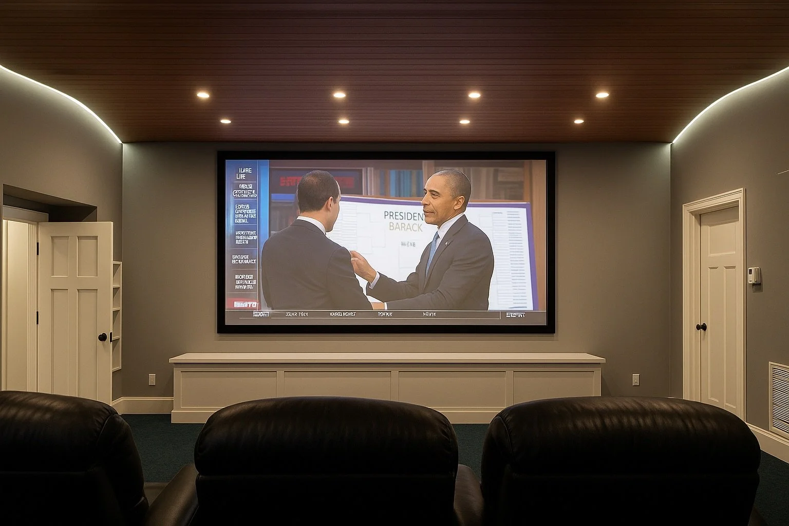 A home theater room with a large flat-screen TV displaying a news segment with two men in suits, and three black leather recliner chairs in the foreground.