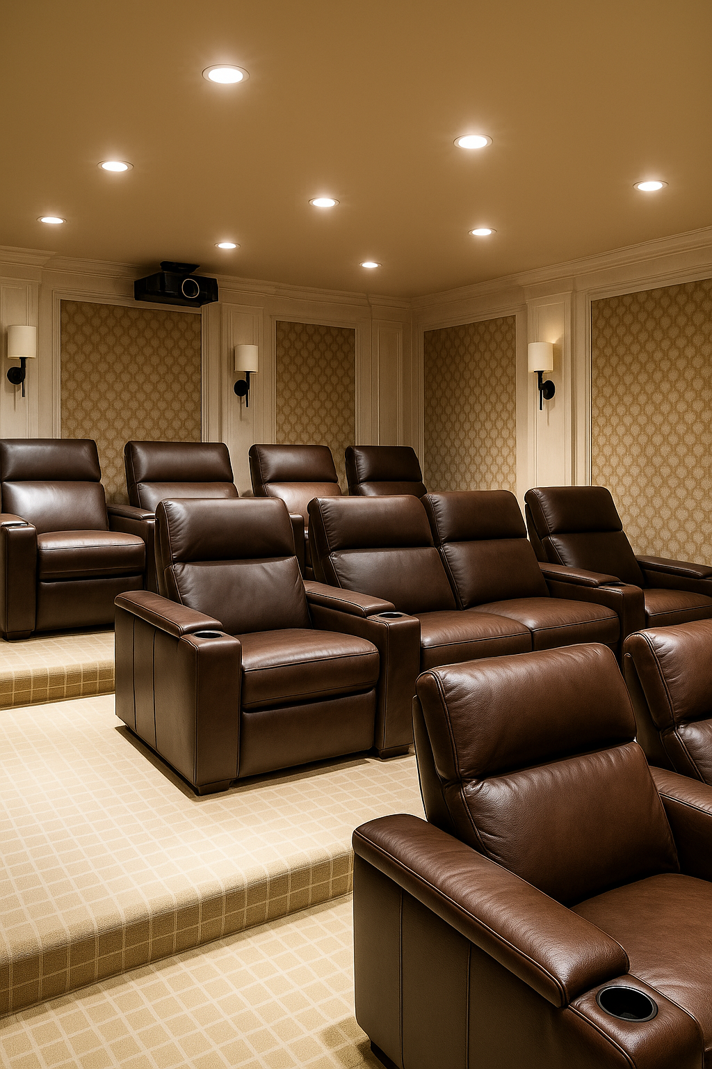 A comfortable home theater room with multiple brown leather recliner chairs arranged in tiers, beige patterned walls, and ceiling lights.